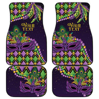 Set of purple car mats with fleur-de-lis mask artwork, green peacock and gold bead details