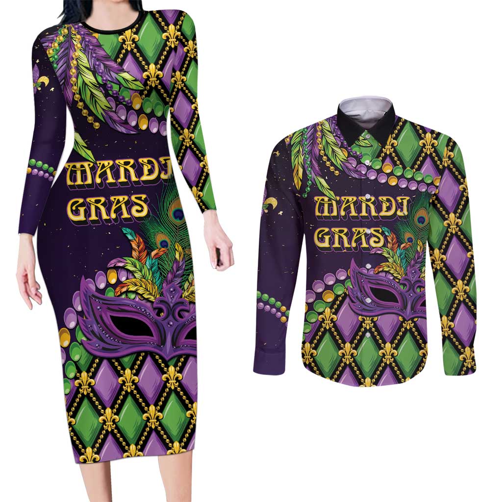 Personalized Mardi Gras Couples Matching Long Sleeve Bodycon Dress and Long Sleeve Button Shirt Luxury Mask Fleur De Lis - Wonder Print Shop