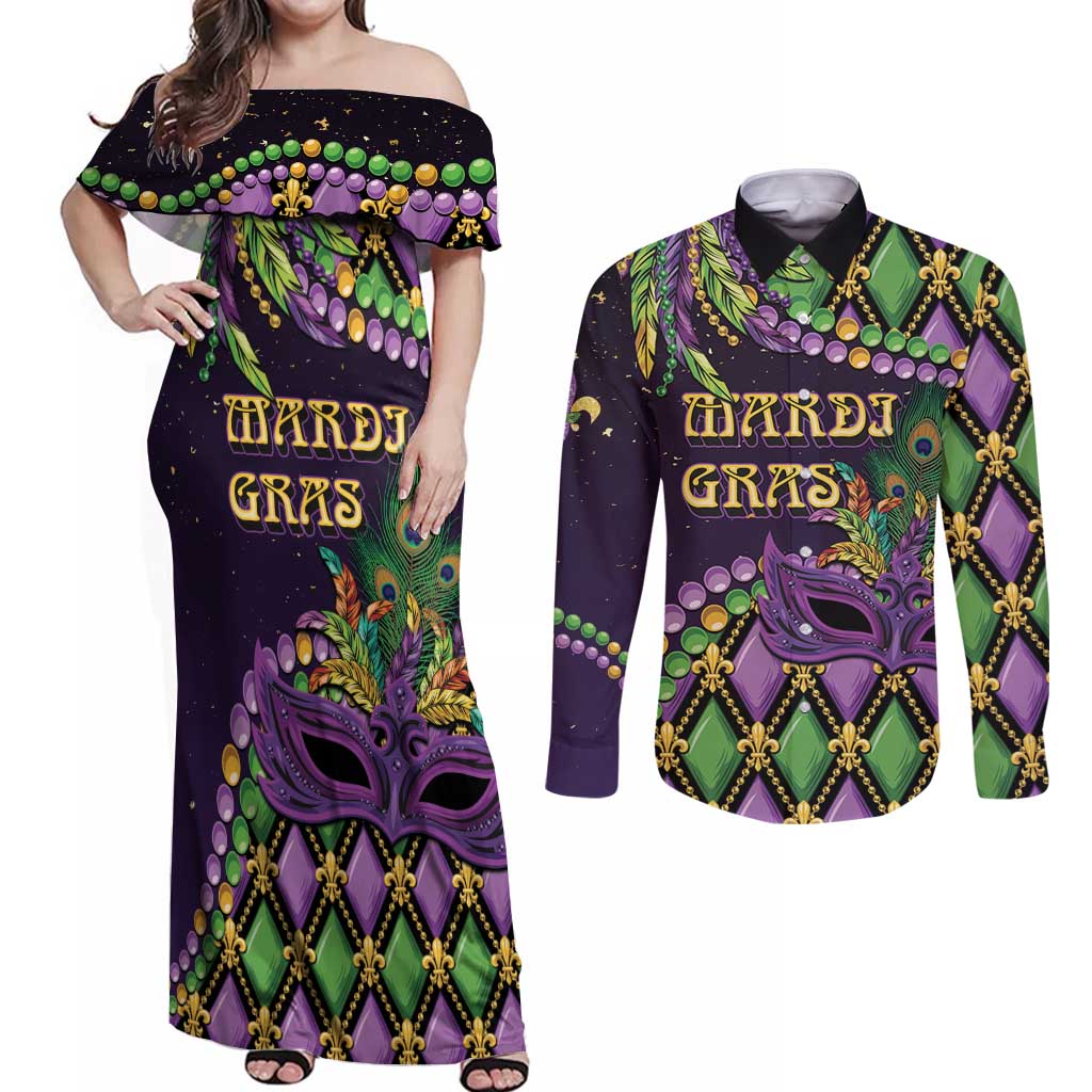 Personalized Mardi Gras Couples Matching Off Shoulder Maxi Dress and Long Sleeve Button Shirt Luxury Mask Fleur De Lis - Wonder Print Shop