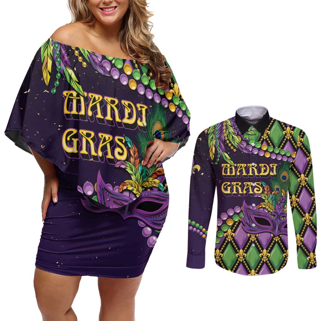 Personalized Mardi Gras Couples Matching Off Shoulder Short Dress and Long Sleeve Button Shirt Luxury Mask Fleur De Lis - Wonder Print Shop