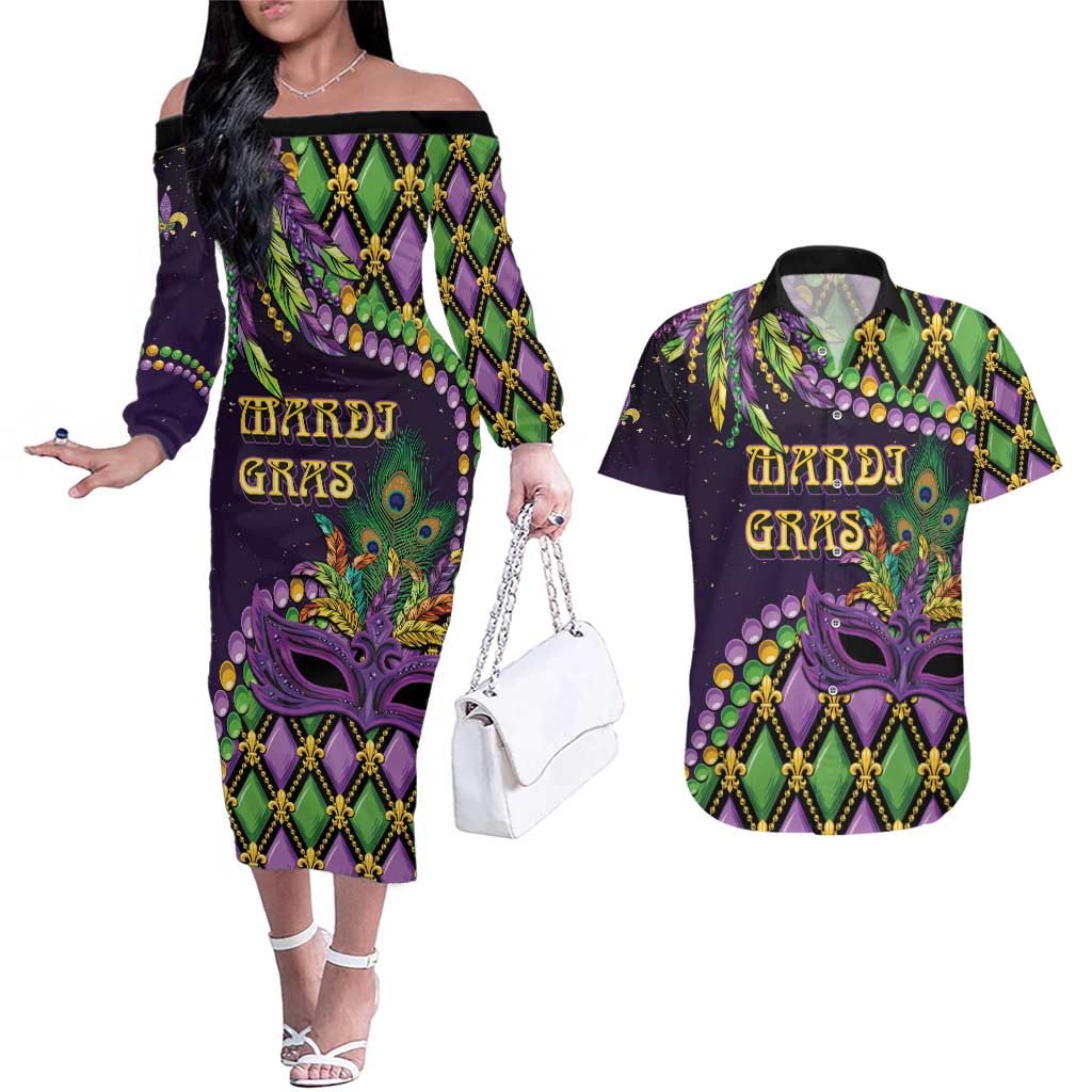 Personalized Mardi Gras Couples Matching Off The Shoulder Long Sleeve Dress and Hawaiian Shirt Luxury Mask Fleur De Lis - Wonder Print Shop