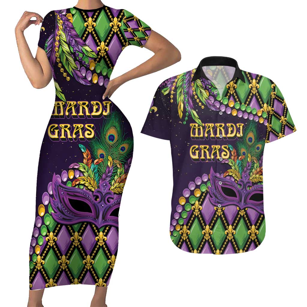 Personalized Mardi Gras Couples Matching Short Sleeve Bodycon Dress and Hawaiian Shirt Luxury Mask Fleur De Lis - Wonder Print Shop