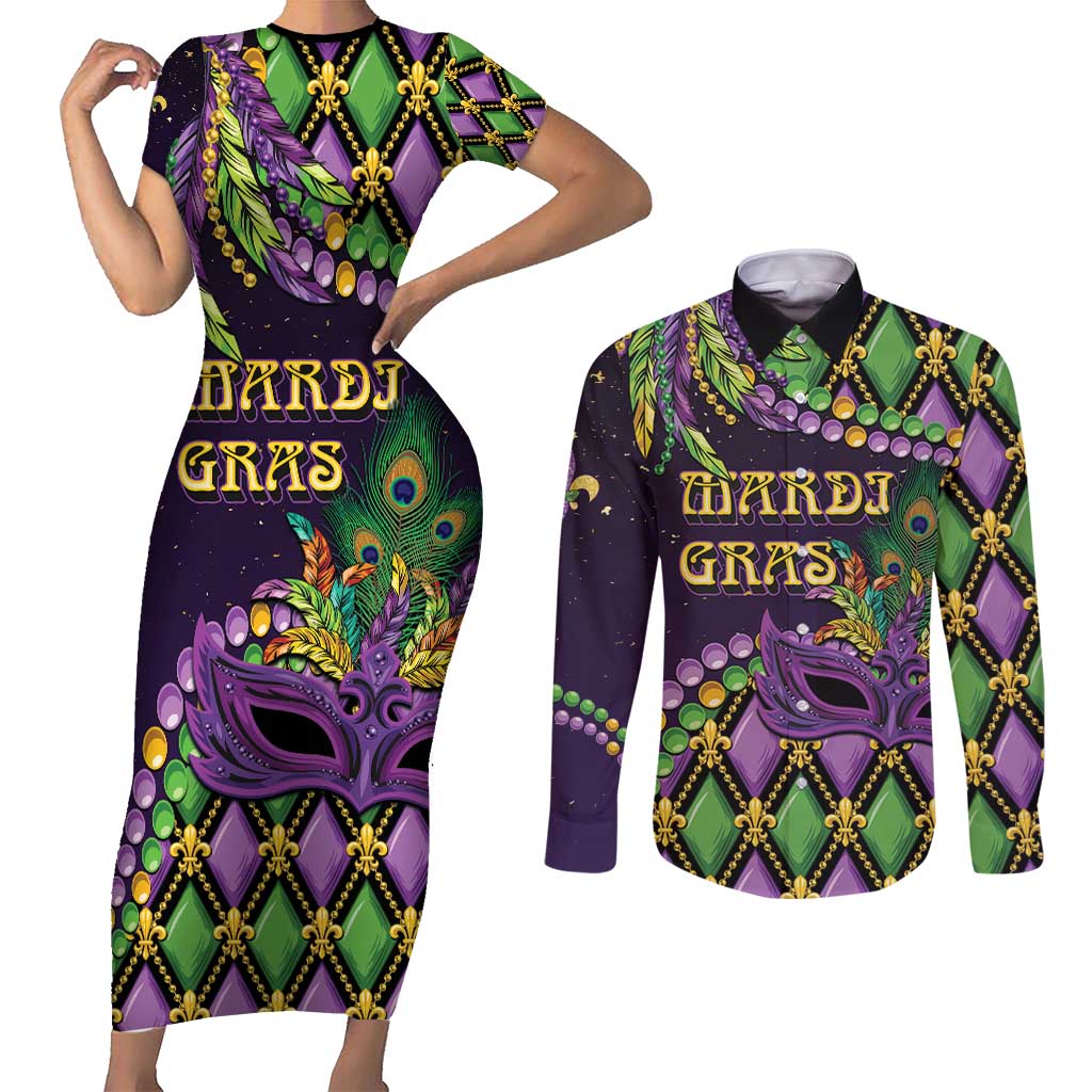 Personalized Mardi Gras Couples Matching Short Sleeve Bodycon Dress and Long Sleeve Button Shirt Luxury Mask Fleur De Lis - Wonder Print Shop