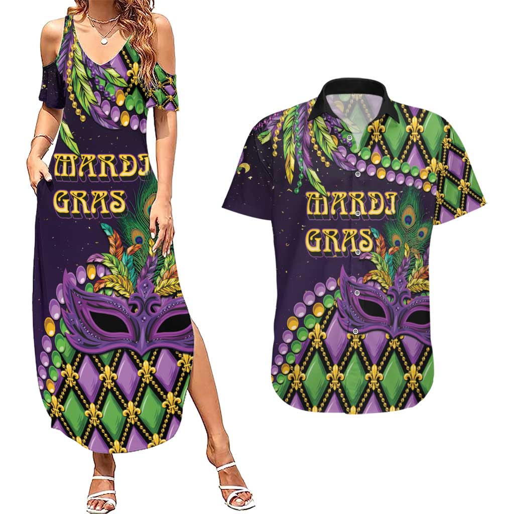 Personalized Mardi Gras Couples Matching Summer Maxi Dress and Hawaiian Shirt Luxury Mask Fleur De Lis - Wonder Print Shop