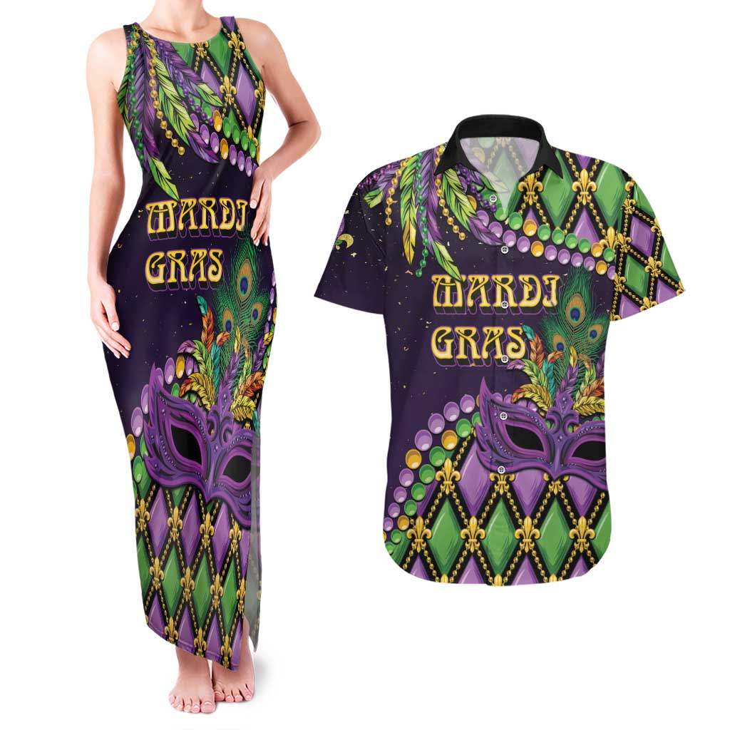 Personalized Mardi Gras Couples Matching Tank Maxi Dress and Hawaiian Shirt Luxury Mask Fleur De Lis - Wonder Print Shop