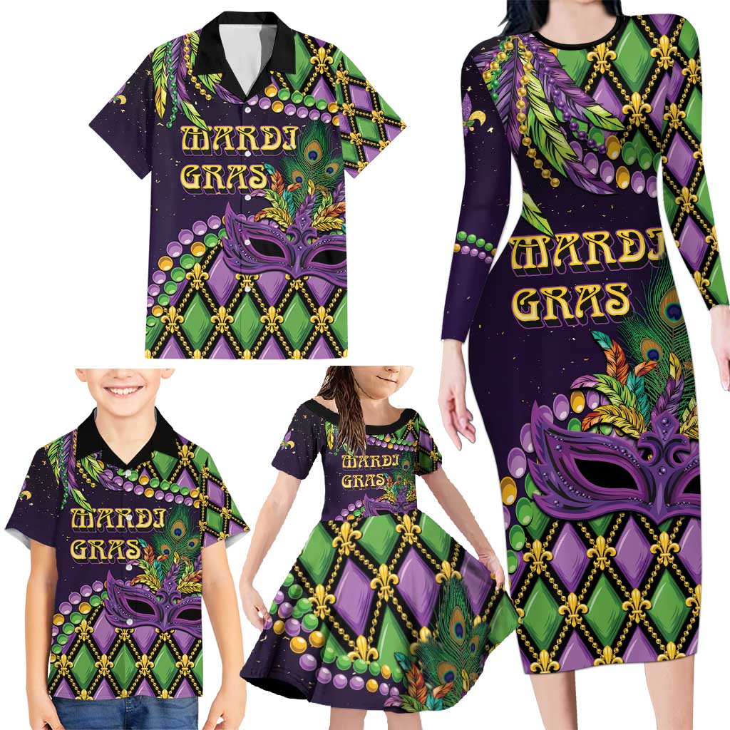 Personalized Mardi Gras Family Matching Long Sleeve Bodycon Dress and Hawaiian Shirt Luxury Mask Fleur De Lis - Wonder Print Shop