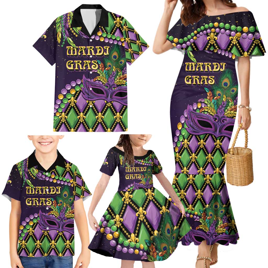 Personalized Mardi Gras Family Matching Mermaid Dress and Hawaiian Shirt Luxury Mask Fleur De Lis - Wonder Print Shop