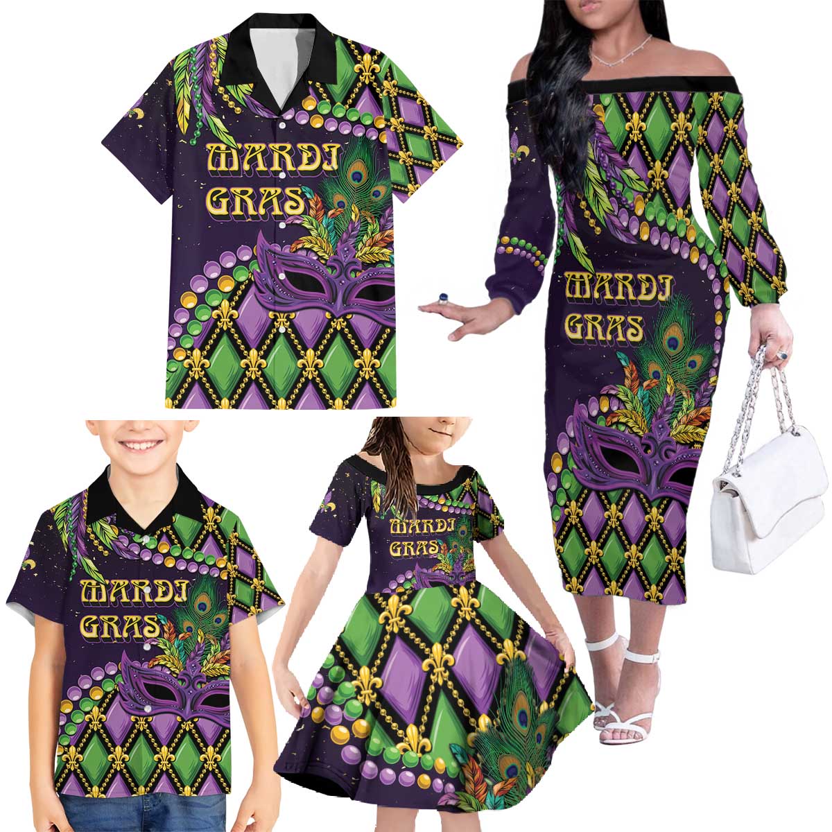 Personalized Mardi Gras Family Matching Off The Shoulder Long Sleeve Dress and Hawaiian Shirt Luxury Mask Fleur De Lis - Wonder Print Shop