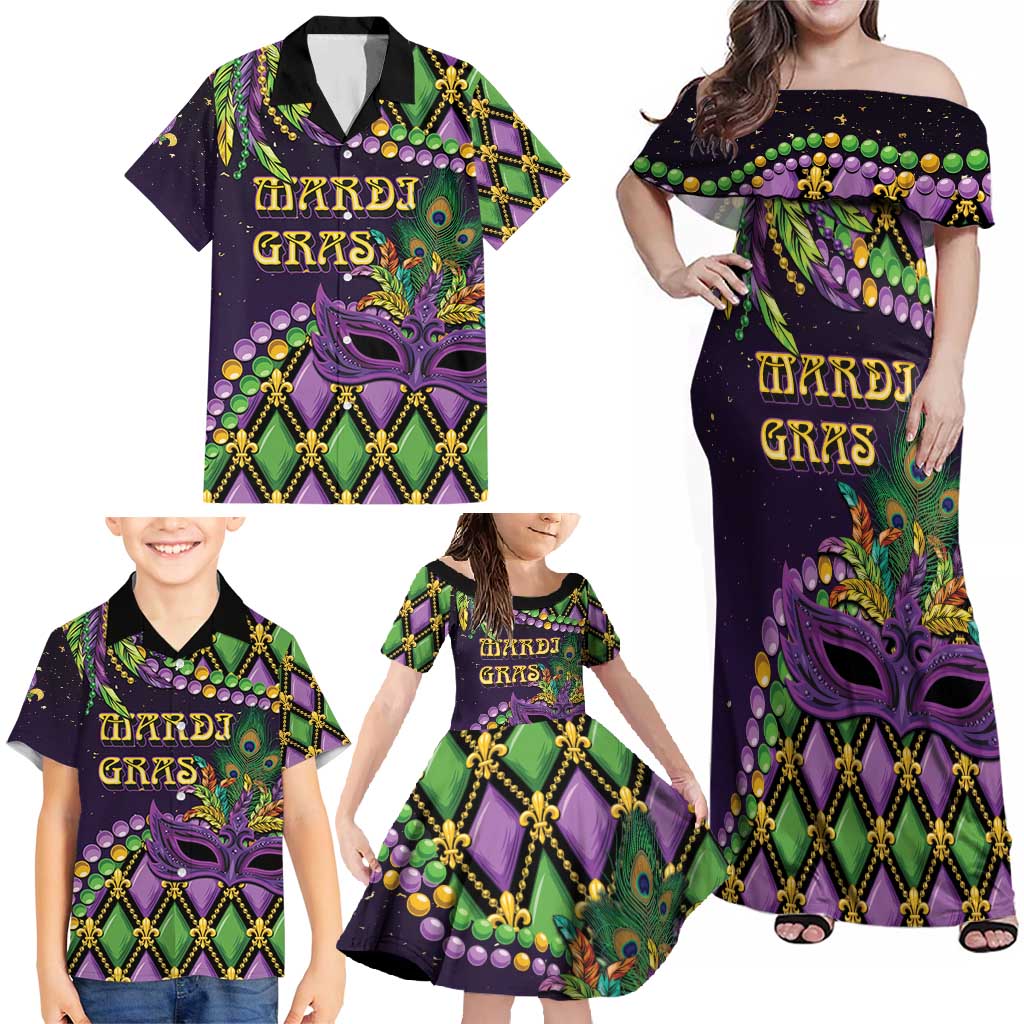 Personalized Mardi Gras Family Matching Off Shoulder Maxi Dress and Hawaiian Shirt Luxury Mask Fleur De Lis - Wonder Print Shop