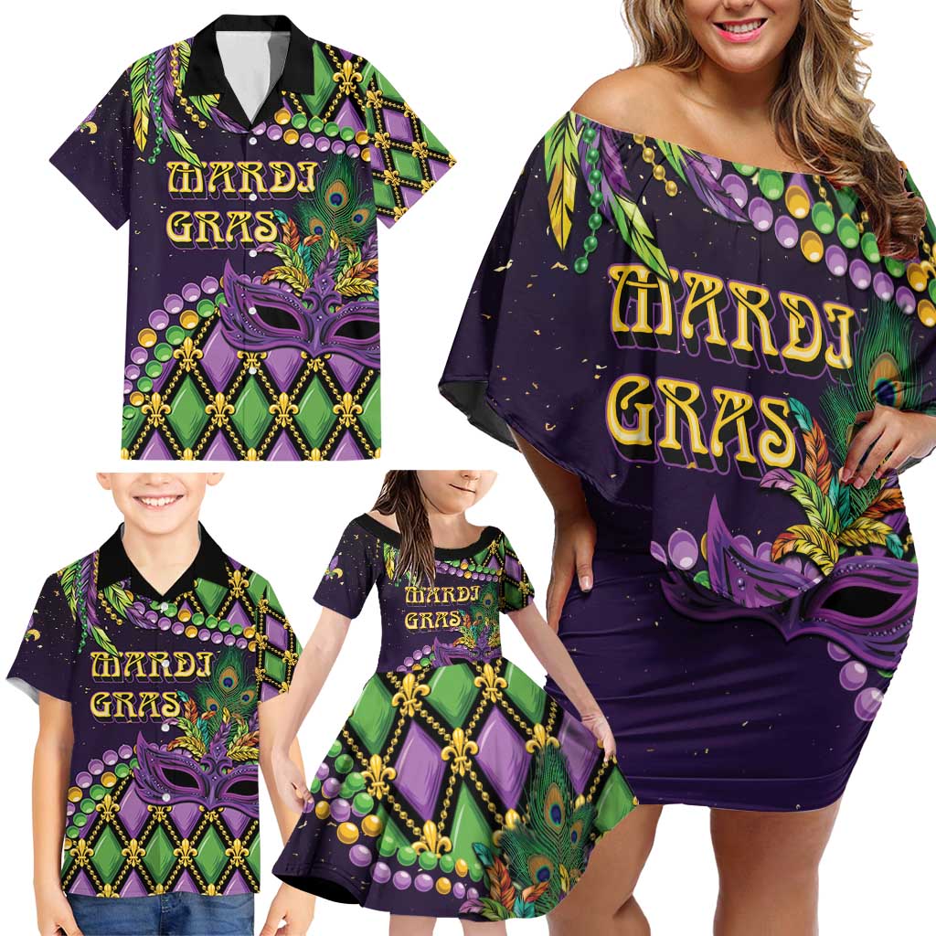 Personalized Mardi Gras Family Matching Off Shoulder Short Dress and Hawaiian Shirt Luxury Mask Fleur De Lis - Wonder Print Shop