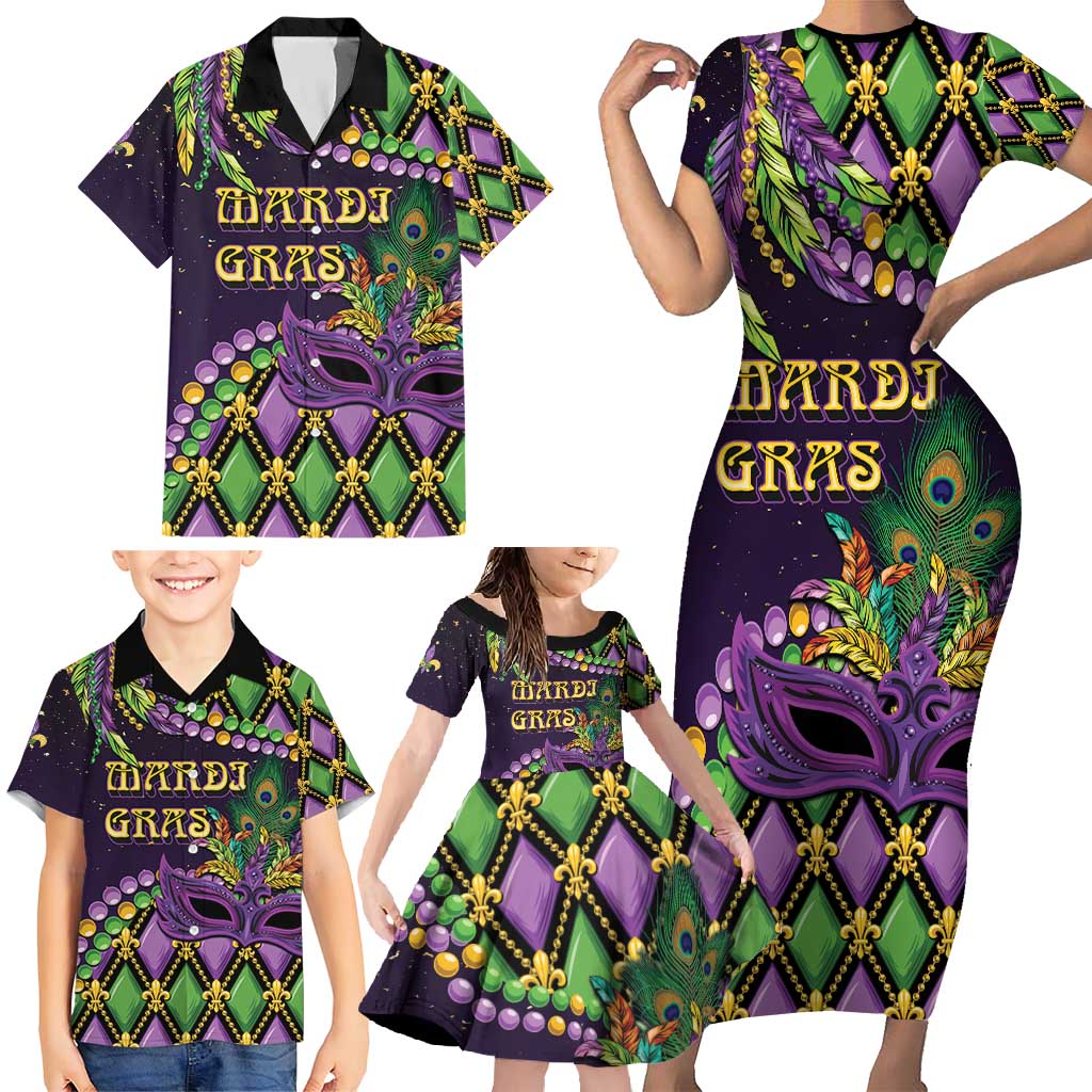 Personalized Mardi Gras Family Matching Short Sleeve Bodycon Dress and Hawaiian Shirt Luxury Mask Fleur De Lis - Wonder Print Shop