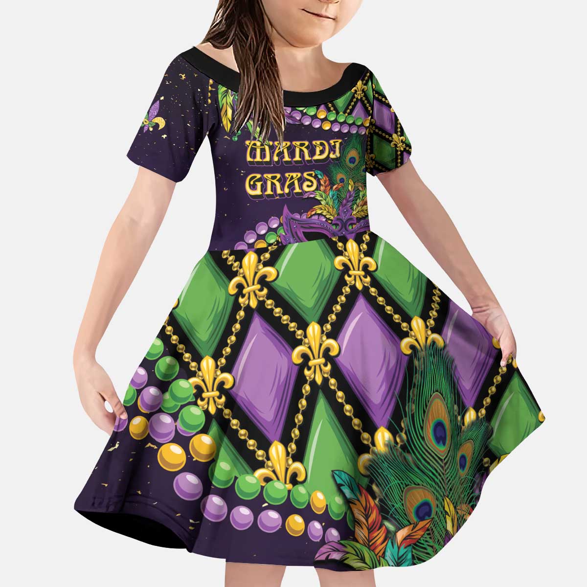 Personalized Mardi Gras Kid Short Sleeve Dress Luxury Mask Fleur De Lis - Wonder Print Shop