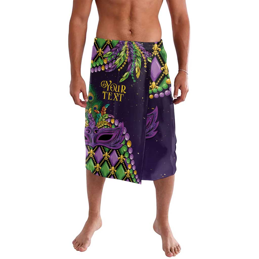 Purple Mardi Gras lavalava skirt with green mask and fleur-de-lis border