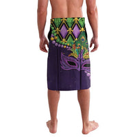 Purple Mardi Gras lavalava skirt with green crown trim and decorative mask
