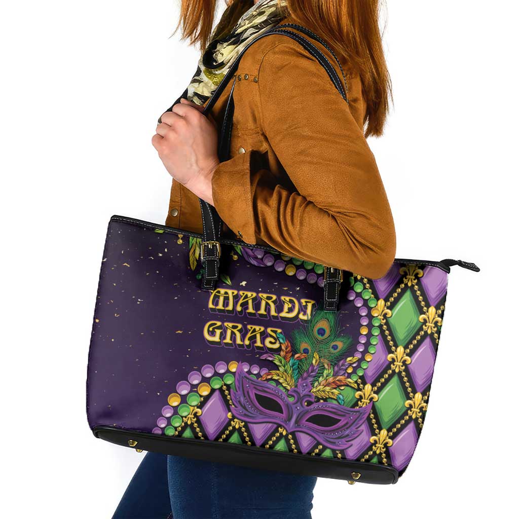 Mardi Gras Leather Tote Bag Luxury Mask Fleur De Lis - Wonder Print Shop