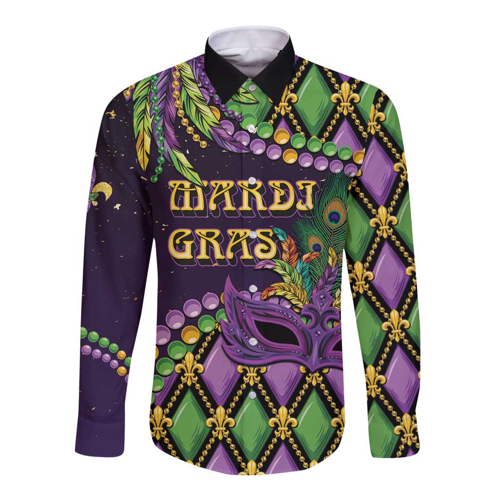 Purple green Mardi Gras long-sleeve button shirt with fleur-de-lis trim and mask graphic
