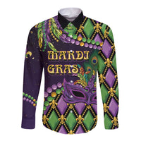 Purple green Mardi Gras long-sleeve button shirt with fleur-de-lis trim and mask graphic