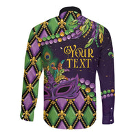 Purple green Mardi Gras long-sleeve button shirt, peacock mask and 'Your TEXT' print