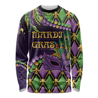 Long sleeve Mardi Gras shirt with purple mask and fleur-de-lis bead print