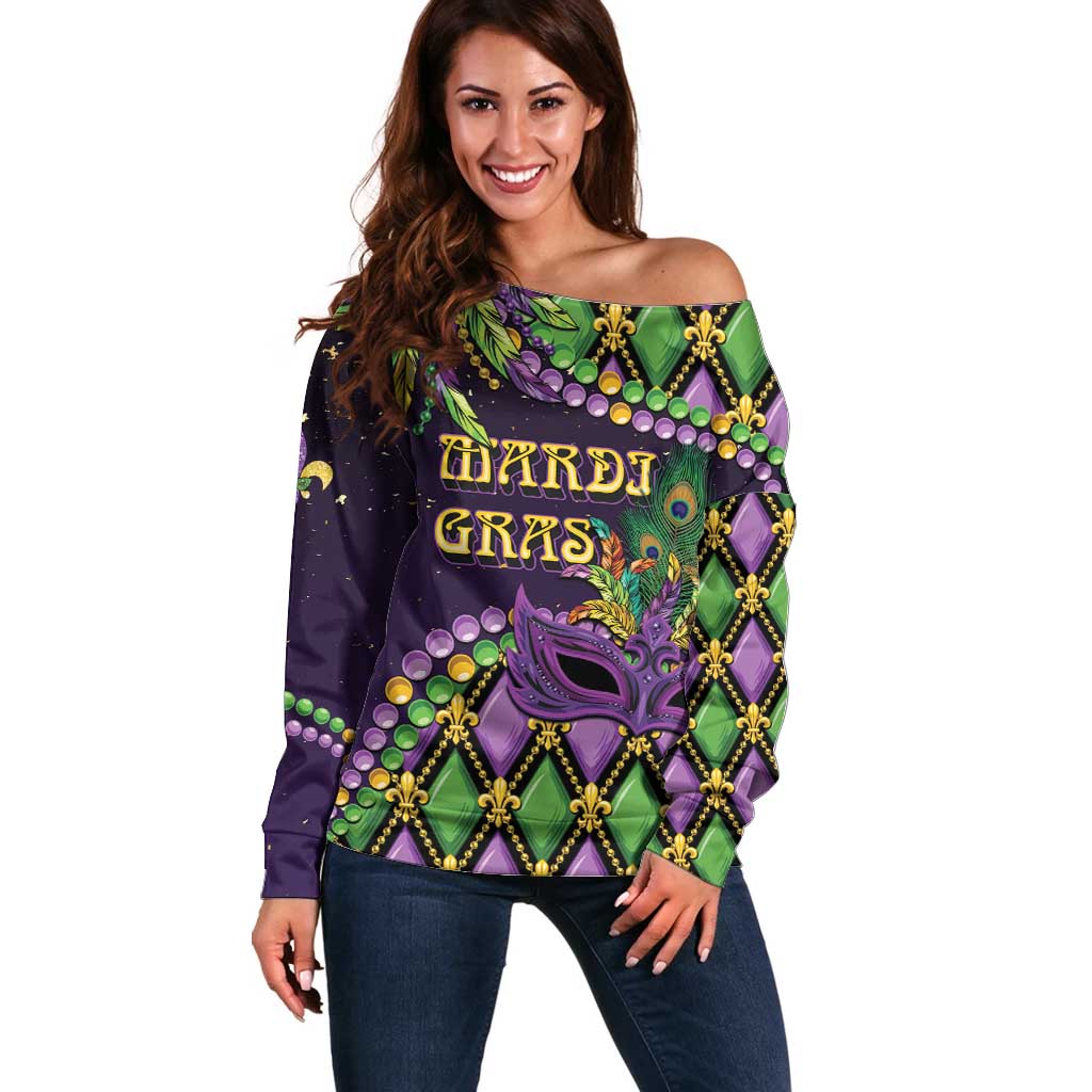 Personalized Mardi Gras Off Shoulder Sweater Luxury Mask Fleur De Lis