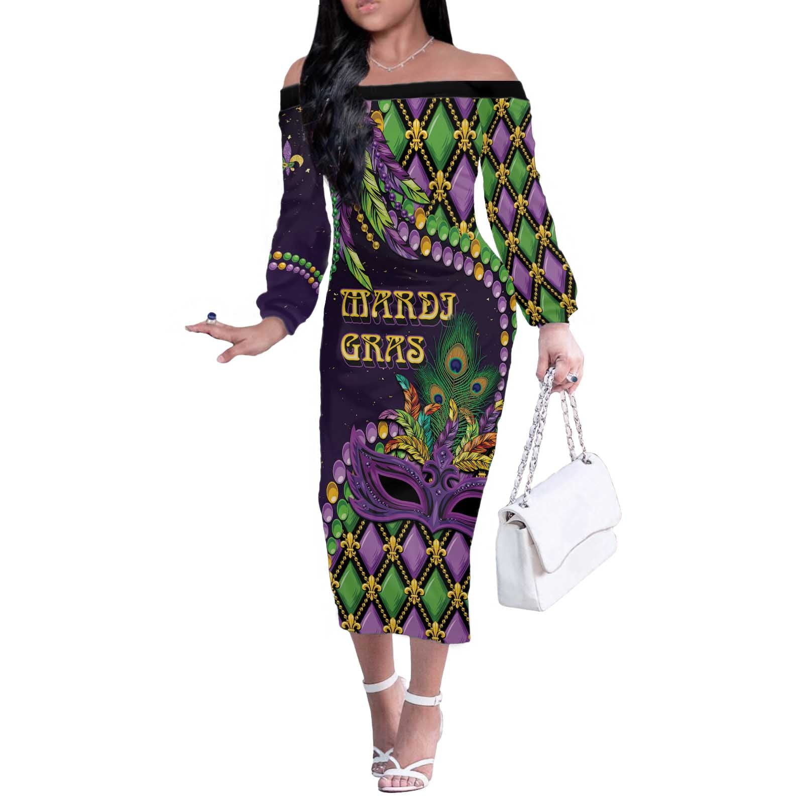 Personalized Mardi Gras Off The Shoulder Long Sleeve Dress Luxury Mask Fleur De Lis - Wonder Print Shop