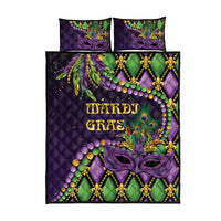 Purple quilt bed set with two matching pillows, Mardi Gras mask and bead pattern