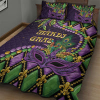 Purple quilt bed set with mask artwork, bead chains, and gold fleur-de-lis details