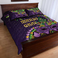 Purple quilt bed set with mask and bead design, two pillows and quilted diamond pattern