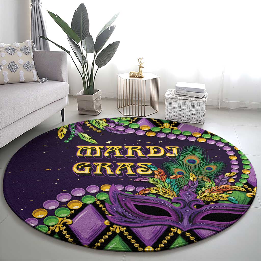 Purple round Mardi Gras carpet featuring fleur-de-lis mask artwork and “MARDI GRAS” print
