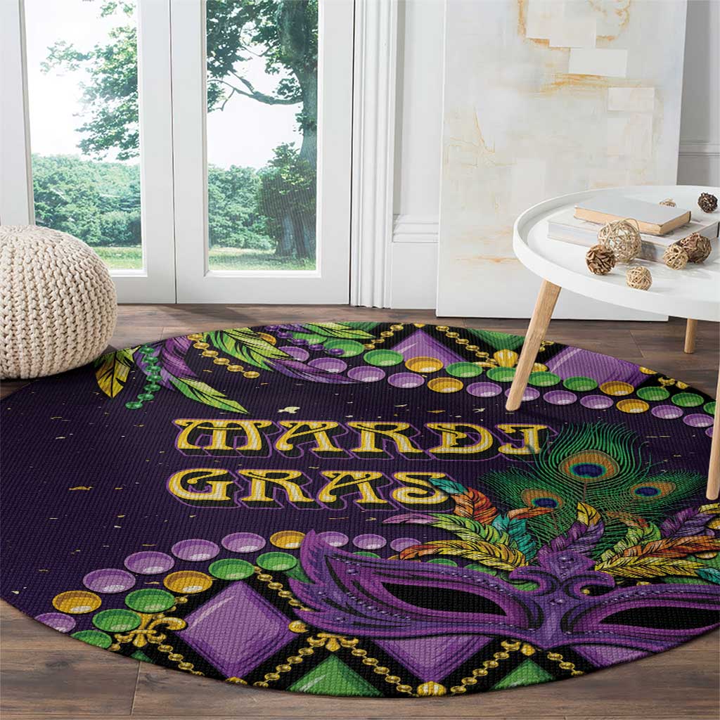 Purple round Mardi Gras carpet with fleur-de-lis mask design, beads and “MARDI GRAS” text
