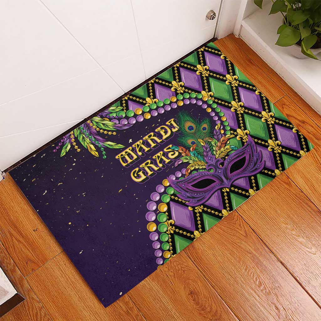 Purple Mardi Gras rubber doormat with purple mask, green gold trim and bead border