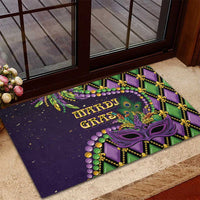 Luxury Mardi Gras rubber doormat with purple mask in diamond pattern and gold trim