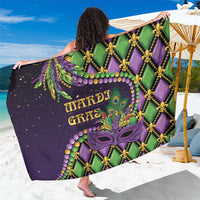 Luxury Mardi Gras sarong with purple and green fleur-de-lis and Mardi Gras print