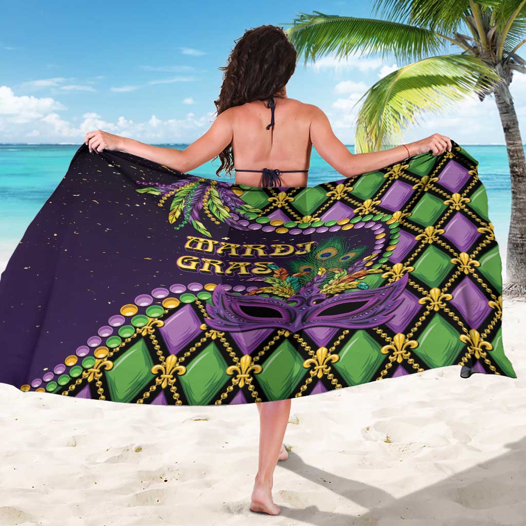 Luxury Mardi Gras sarong, purple and green with fleur-de-lis and long patterned wrap