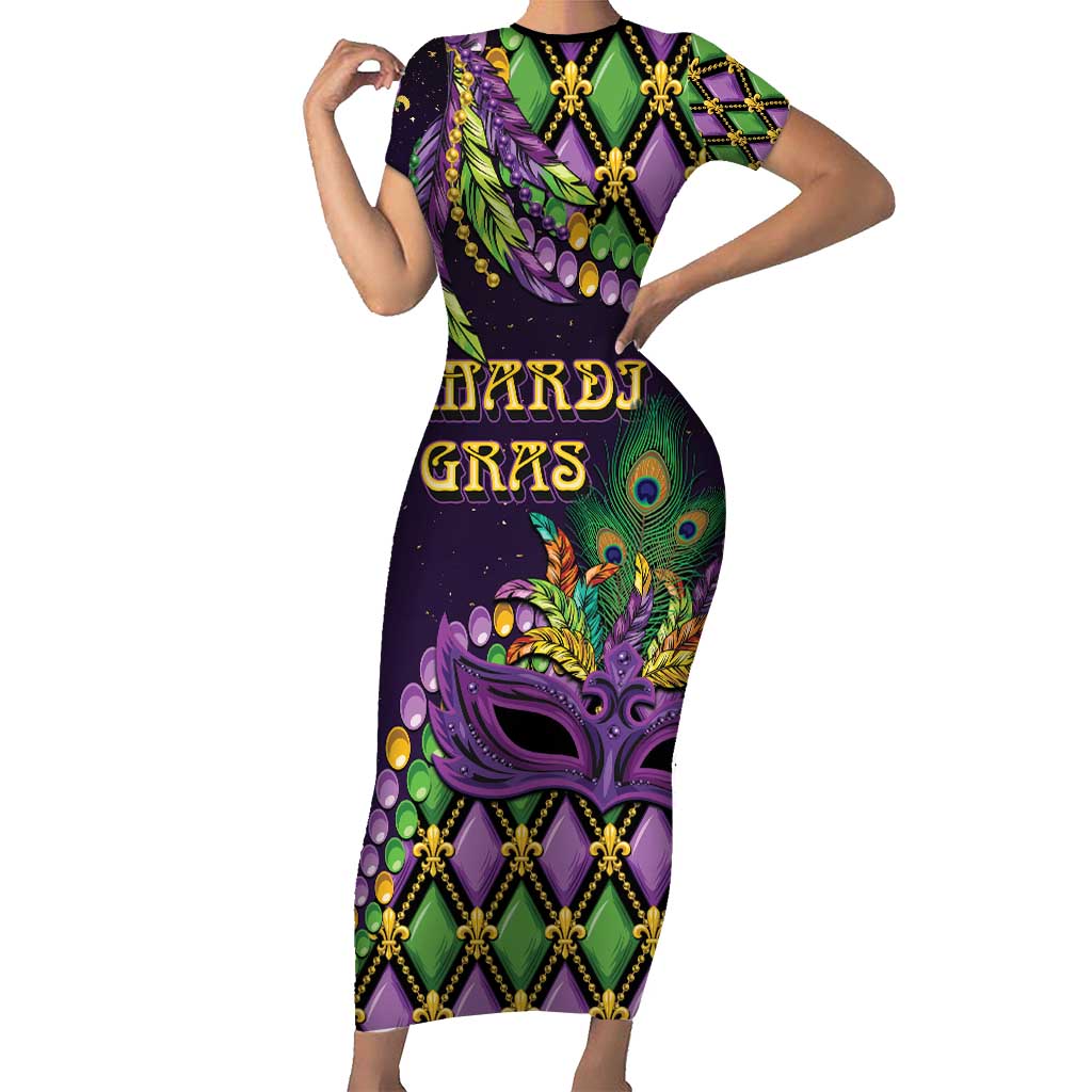 Personalized Mardi Gras Short Sleeve Bodycon Dress Luxury Mask Fleur De Lis