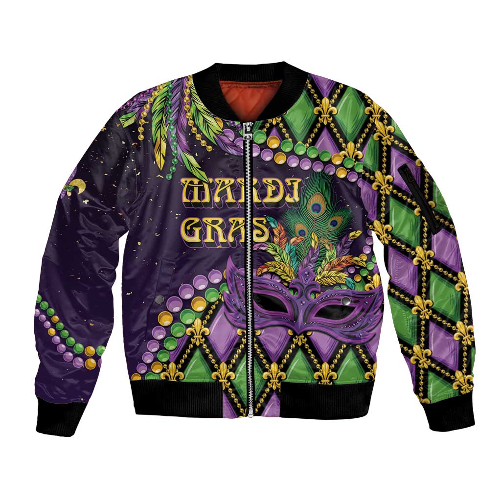 Personalized Mardi Gras Sleeve Zip Bomber Jacket Luxury Mask Fleur De Lis