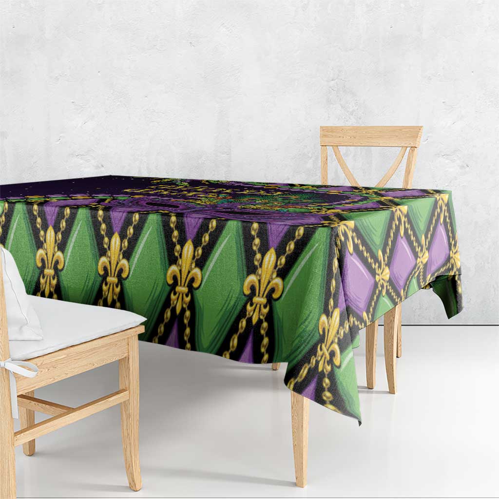 Mardi Gras tablecloth with purple and green fleur-de-lis and gold ornament print