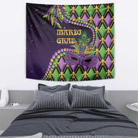 Purple Mardi Gras tapestry featuring purple mask, green diamonds, and gold fleur de lis