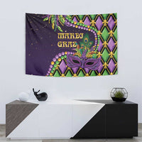 Purple Mardi Gras tapestry with purple masquerade mask, green accents, and gold trim