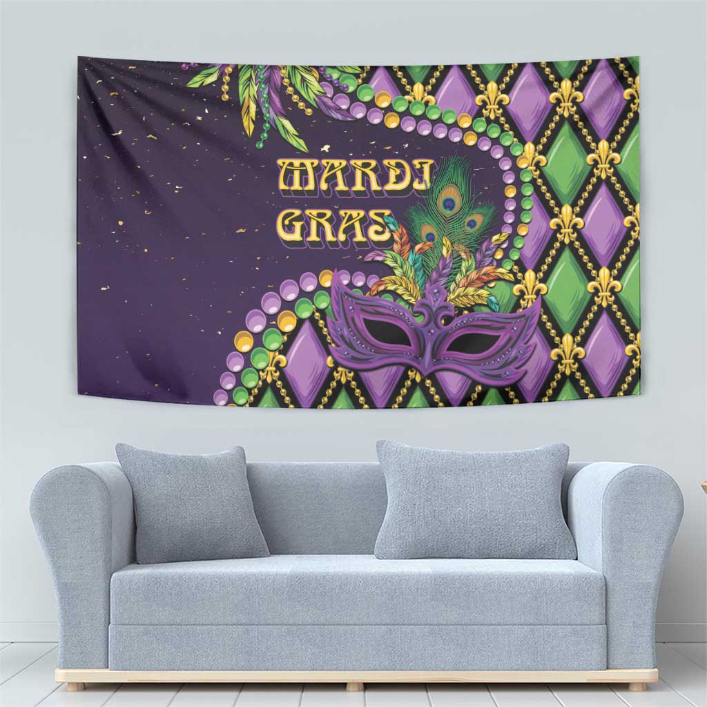 Purple Mardi Gras tapestry showing purple mask, green diamonds, and gold fleur de lis