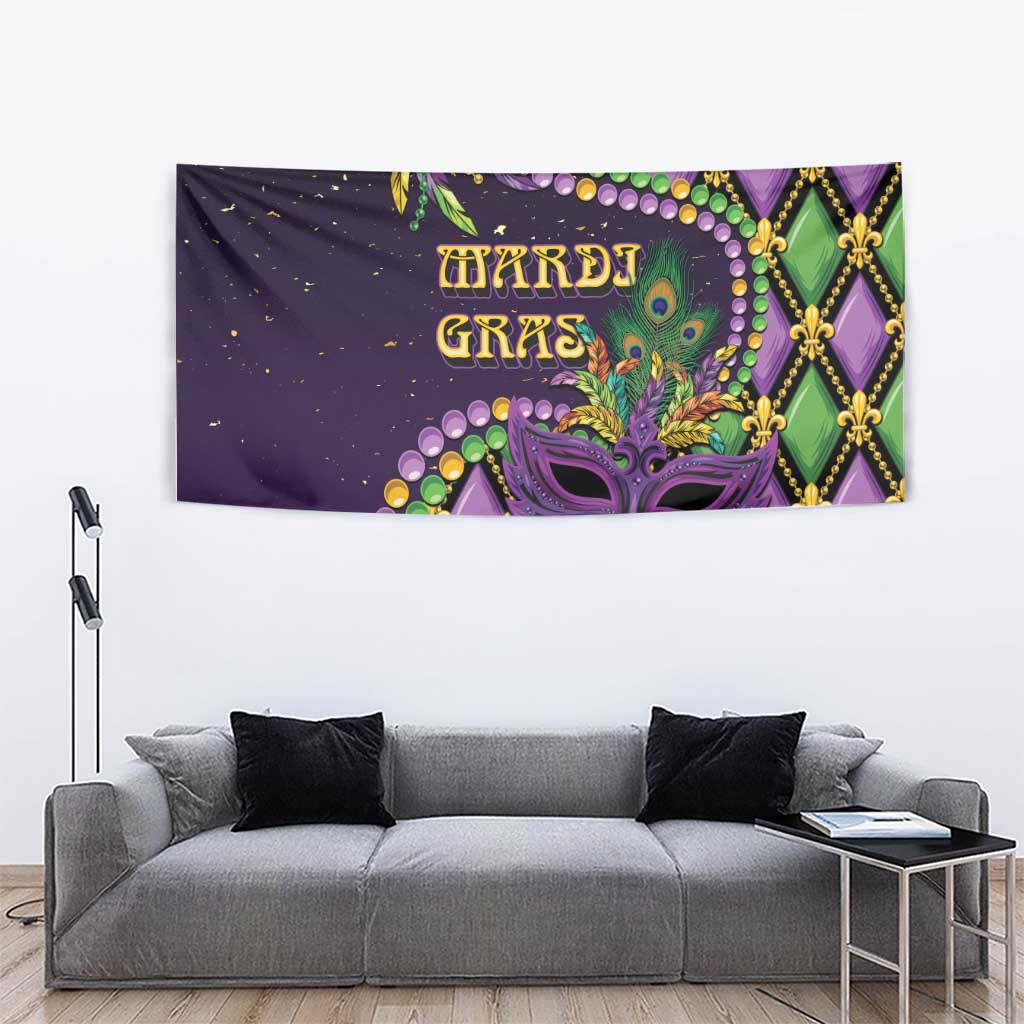 Purple Mardi Gras tapestry with purple mask and green/gold decorative diamond border