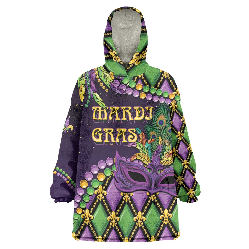 Personalized Mardi Gras Wearable Blanket Hoodie Luxury Mask Fleur De Lis