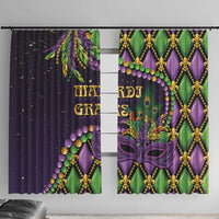 Purple luxury window curtain panel with Mardi Gras mask and fleur-de-lis pattern, gold trim