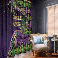 Purple and green Mardi Gras mask window curtain with gold fleur-de-lis trim