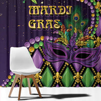 Purple Mardi Gras curtain with stylized mask face, peacock feathers, and gold accents
