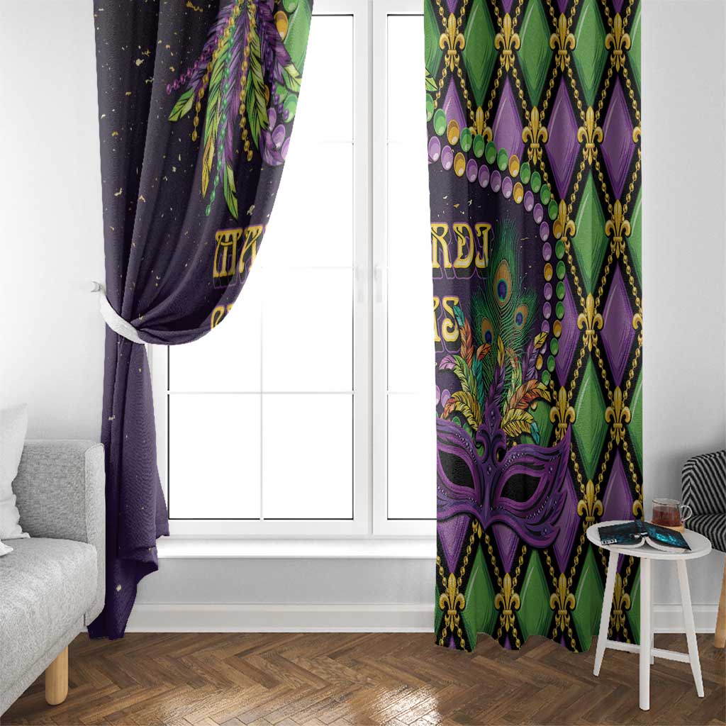 Purple Mardi Gras curtain with gold fleur-de-lis and mask artwork, hanging on window