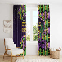 Purple and green Mardi Gras curtain panels with gold fleur-de-lis motifs and mask designs