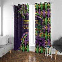 Purple and green Mardi Gras curtain panels with gold fleur-de-lis pattern, hanging on rings