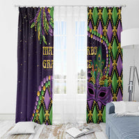 Purple and green Mardi Gras window curtains with gold fleur-de-lis and mask motif, doorway view