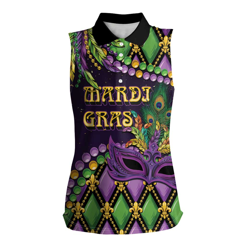 Personalized Mardi Gras Women Sleeveless Polo Shirt Luxury Mask Fleur De Lis